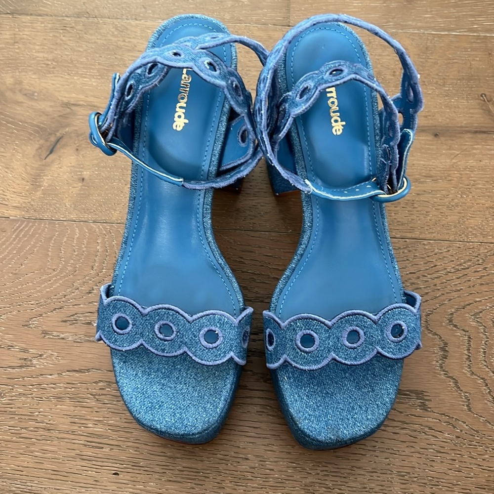 NEW Larroude Dolly Broderie Platform Sandal Blue Stoned Denim NWB - Picture 4 of 10